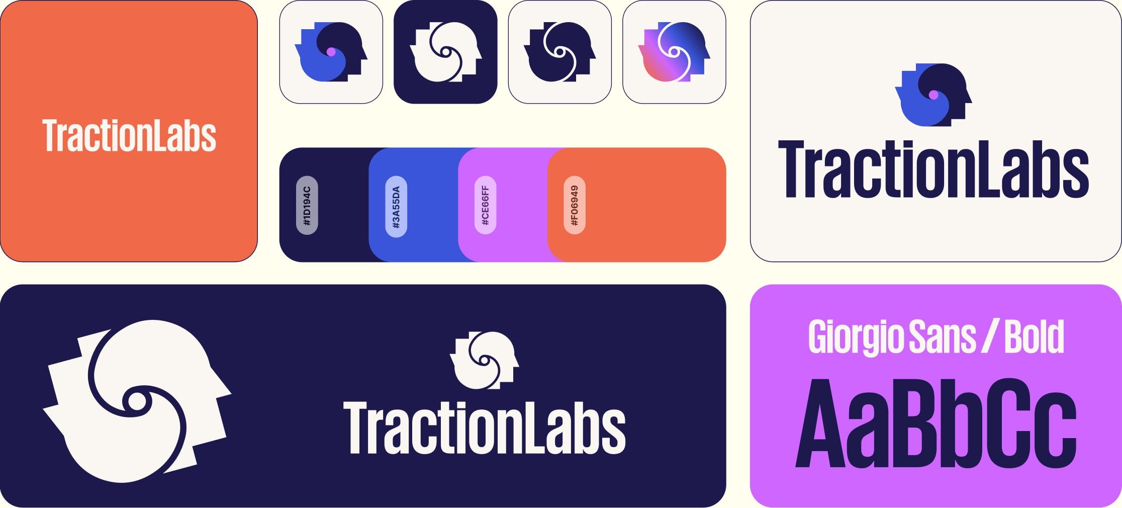 Applications of the TractionLabs identity: icons, colour chips, logo versions and typefaces