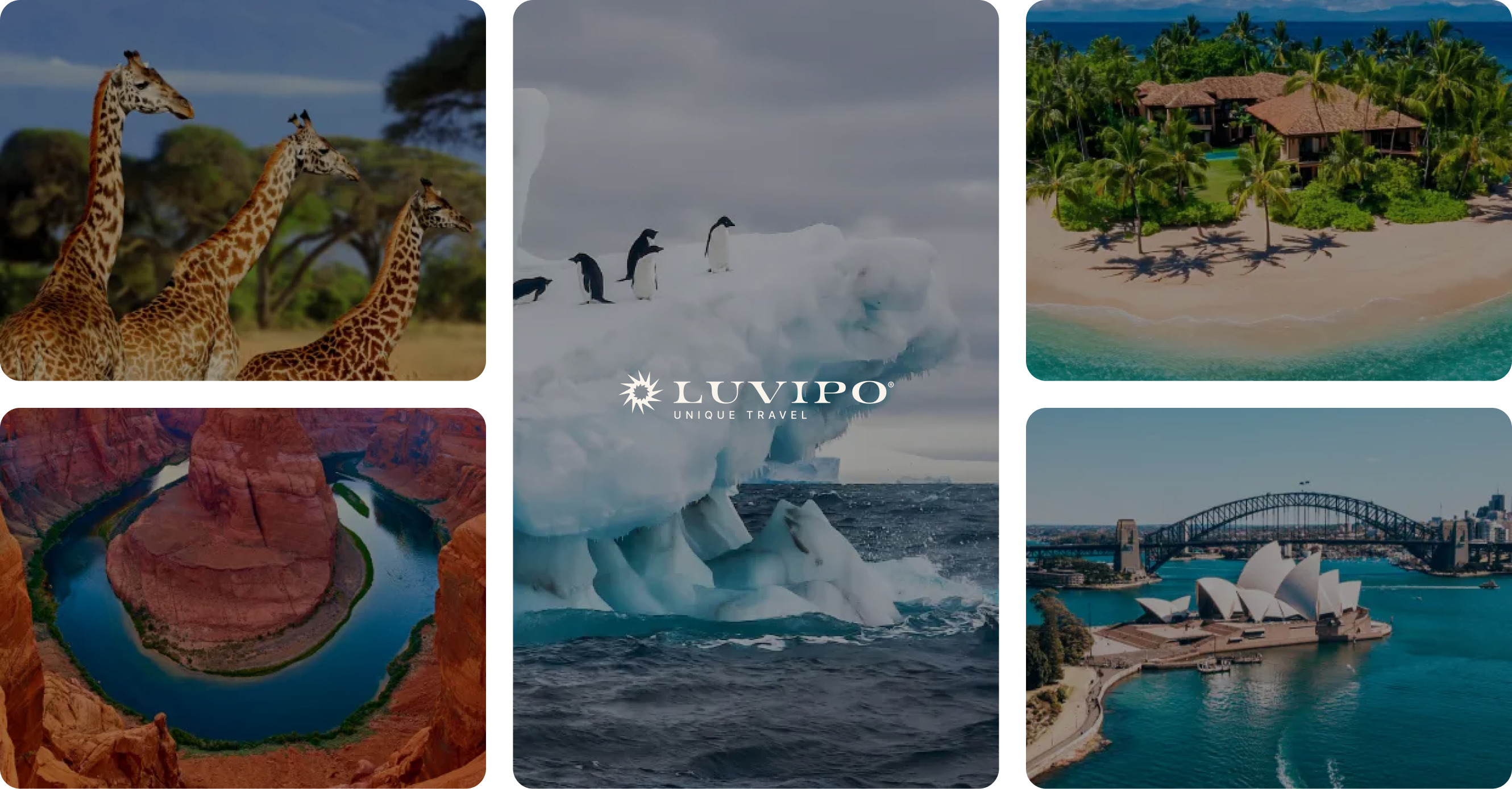Luvipo destinations in a grid of photographs, with the mark at the centre