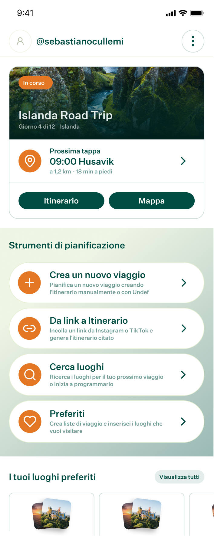 The Undef home screen: trip in progress, planning tools and saved places